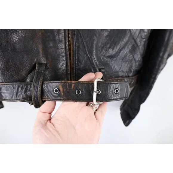 Vintage 50s 38 Thrashed Horsehide Leather Belted Motorcycle Jacket Dark Brown